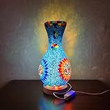 Maimeili Retro türkische Mosaik Vase Lampe türkische marokkanische Tischlampe bunte handgefertigte Glasvase mit Holzbasis für Blumen USB Lade Dekor Licht für Schlafzimmer Umgebung Wohnzimmer