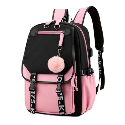 MONMOB Mochila para laptop, mochila escolar para meninas, estudantes do ensino médio, mochila com carregamento USB e porta de fone de ouvido (rosa com preto)