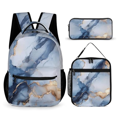 Blue Grey Marble Texture Backpack Shoulder Bags Lunch Bag Pencil Case Box 3 Set Daypack Cute