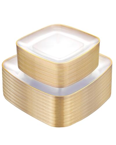 bUCLA 100PCS Clear and Gold Plastic Plates Disposable - Square Gold Heavy Duty - Include 50 Each (Dinner & Dessert) Plates for Party & Thanksgiving