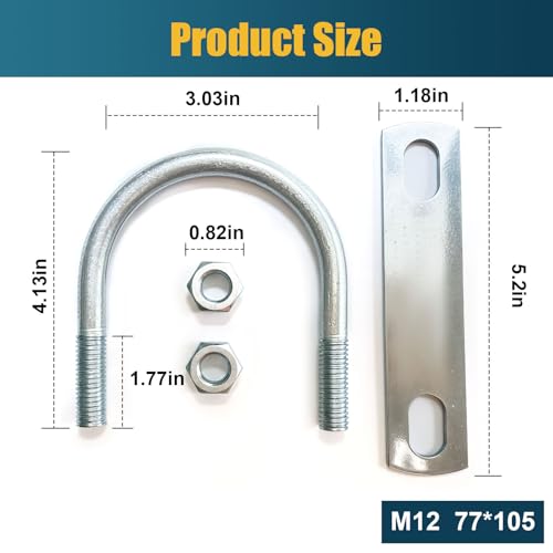 Image of 2 Sets M12 U-Bolt, 3 inch Wide U Bolt with Washers and Nuts, Heavy Duty Galvanized Carbon Steel Round U Bolts for Trailers, Boats, Replacement Parts and Accessories for Ski Boat, Fishing Boat