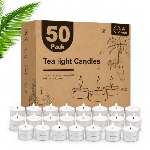Image of JD Fresh 50 Pieces Smokeless Tealight Candles for Home /Unscented 4 Hour Long Burning Dripless Paraffin Wax Tealight /100% Cotton Wicks Candle for Decoration /Wedding /Emergencies (3.7 x 1.3 cm,White)