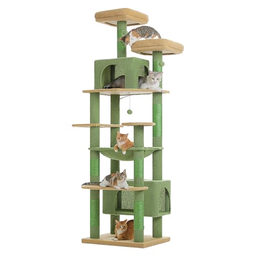 PETEPELA(ぺテぺラ) キャットタワー 大型猫用 コンパクト 多頭飼い 据え置き型 スリム ハンモック 麻紐爪とぎポール 猫のおもちゃ 転倒防止ベルト付き 展望台 猫ベッドカバー取り外し可能 運動不足解消 - XL 高さ205cm グリーン（Amazon）