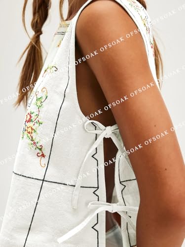Womens Side Tie Tank Tops Summer Floral Embroidered Sleeveless Square Neck Boho Babydoll Casual Camisole Shirt3
