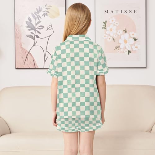 Mint and Cream Checkerboard Summer Satin Pajama Set, Cute Button-Down Sleepwear Pj Set for Sleep Wears4