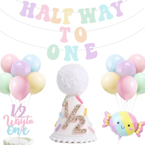 Half Birthday Decorations for Baby Girl - 1/2 Birthday Hat Half Way to One Banner Pastel Balloons Candy Balloon 1/2 Cake Topper 6 Months Party Supplies