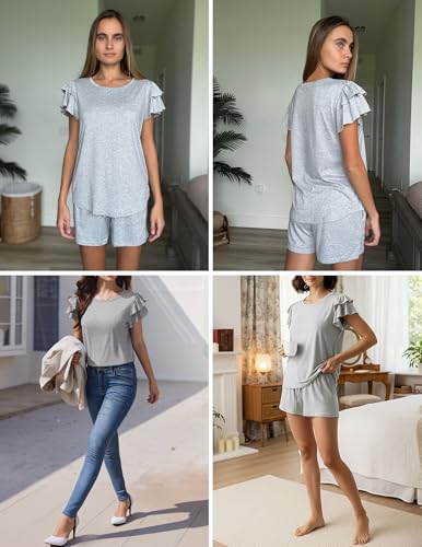 Image of Ekouaer Womens Pajama Sets 2 Piece Ruffle Sleeves Top and Shorts Pjs | Soft Sleepwear Cute Loungewear Set with Pockets for Sleep, Lounge, Wedding, Party, Bridal
