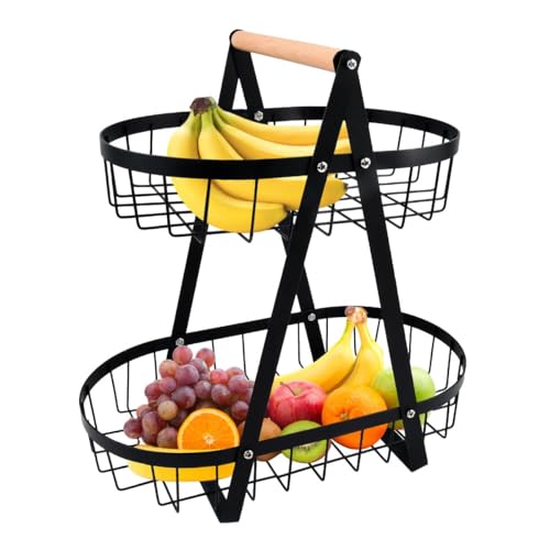 MOMENT 2 Tier Countertop Fruit and Vegetable Basket Storage Rack 32x18x31cm Portable Metal Fruit Basket Bowl with Handle Bread Snacks Organizer for Home Kitchen Dining Table (2 Layer Black)