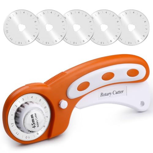 Namner Rollschneider 45mm mit 5 Ersatzklingen und Sicherheitsverschluss Stoffschneider für Stoff Leder Nähen Quilten & Basteln Ergonomischer Rollmesser Cutter (Orange)