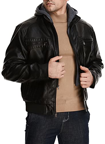 Hood Crew Men Faux Leather Jacket With Detachable Hood Casual Motorcycle Bomber Jackets Outerwear Black M #TOP4