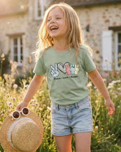 Image of SOFEON Kids Girls Easter Shirt Bunny Peace Love Peeps T-Shirt Cute Funny Rabbit Graphic Tees Short Sleeve Casual Tops