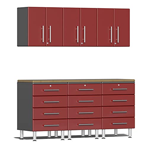 Ulti-MATE UG28072R 7-Piece Garage Cabinet Kit with Bamboo Worktop in Ruby Red Metallic