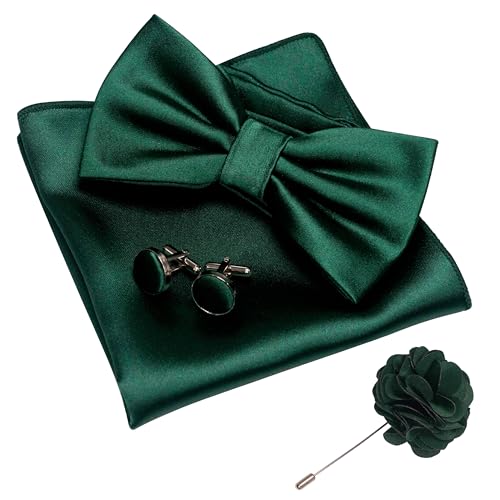 JEMYGINS Dark Green Bow Tie Pre-tied Silk Bowtie and Pocket Square Cufflinks Lapel Pin Sets for Men(30)