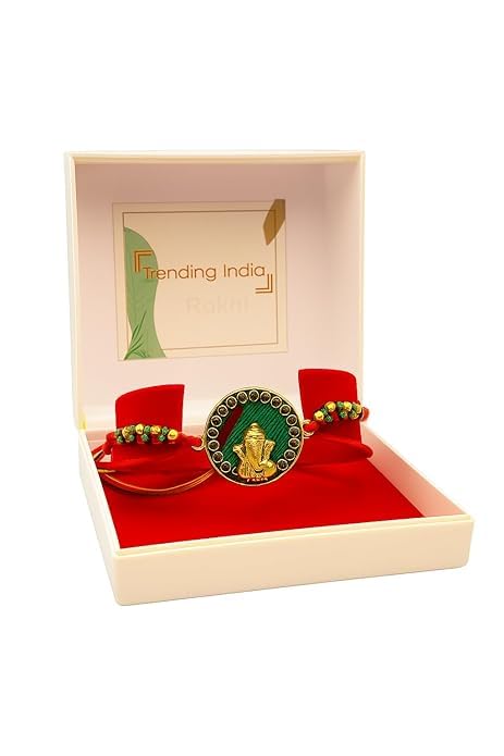 Vending India Boy's Premium Rakhi | Chocolate| Ganesha Set On Real Peacock Feather | Rakhi For Brother In A Luxury Jewellery Box Combo With Roli, Chawal, Chandan & Mishri In A Rakshabandhan Card, 60 G-image-32