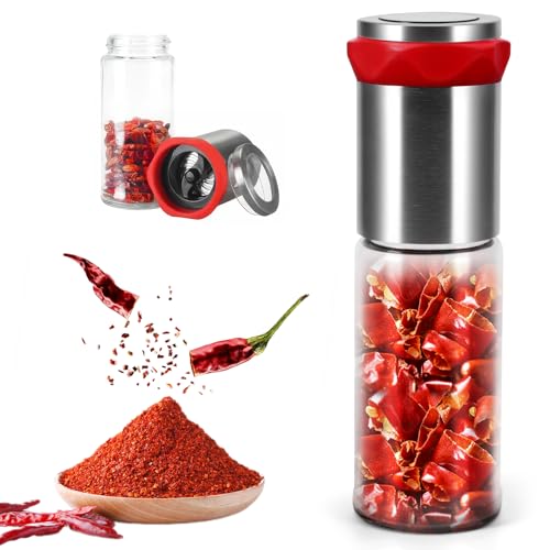 OurLeeme Chili-Mühle Edelstahl & Glas, Gewürz-Chili-Schneider für grobe Gewürze & trockene Chilis, Gewürzmühle, Kräutermühle, Gewürzmühle mit Aroma-Schutzdeckel, 170ml