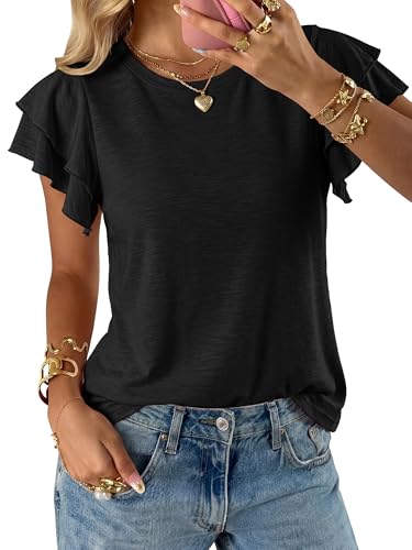 BTFBM Ruffle Sleeve Summer Tops for Women 2026,Black,L