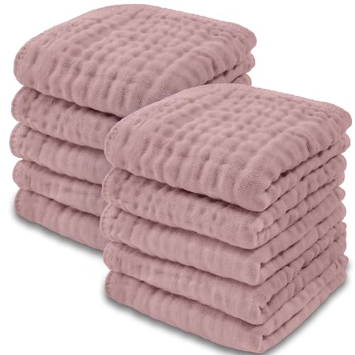 Image of Baby Washcloths, Muslin Cotton Baby Towels 10 Pack -Large 10”x10” Wash Cloths Soft on Sensitive Skin, Absorbent for Boys & Girls, Newborn Baby & Toddlers Bibs & Burp Cloths Essentials Set, Mauve