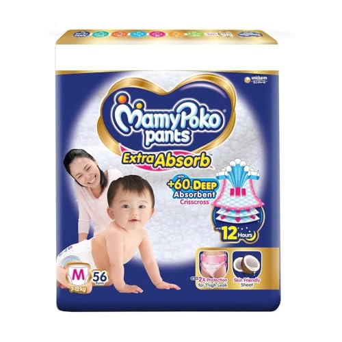 MamyPoko Pants Extra Absorb Baby Diapers, Medium (M Size) | 7-12 kg | 56 Count |Deep Sleep Diapers| Soft Gentle fit |Deep Absorbent Crisscross | Skin Friendly with Coconut Oil |