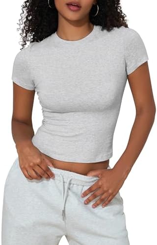 PrettyGuide Women's Cotton Crop Tops Short Sleeve Crewneck Basic Tee Tight Fit Y2K Baby Tee Cute Casual Summer Going Out Tops