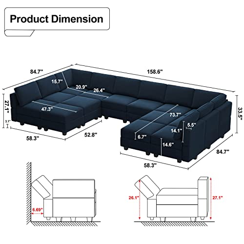 Belffin Oversized Modular sectional Sofa with Double Chaises U Shaped Sleeper Sofa Couch Reversible with Storage Velvet Blue