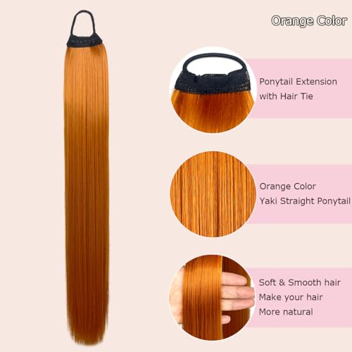 VAVANGA 28inch Long Ponytail Extension with Hair Tie, Orange Color Yaki Straight Ponytail Full Braiding Hair Ponytail Natural Fake Pony Tails Hairpiece for Women (#18C) — view 4