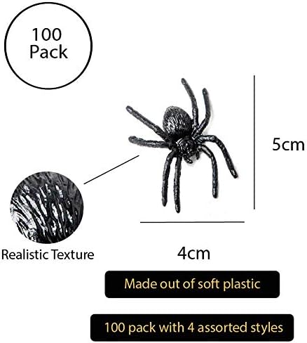 Partay Shenanigans Plastic Spider Toys - 100 Pack Black Realistic Fake Spider Props for Halloween, Prank, Haunted House Decorations 4-5cm