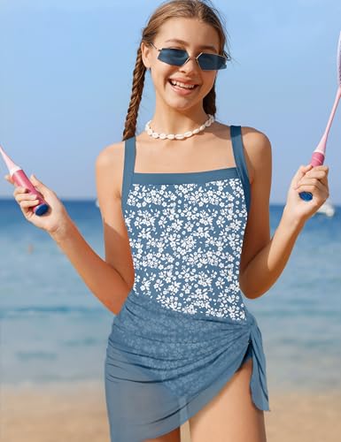 Image of Shallmu Girls Swimsuits Color Block Adjustable Thick Strap One Piece Bathing Suits with Cover Up Skirt Girl's Swimwear 9-16Y