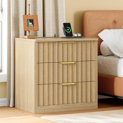 Image of TEENFON Fluted Night Stand with 3 Storage Drawers, Nightstand with Charging Station and LED Light, Bedside Table for Small Space, Bedroom, Natural