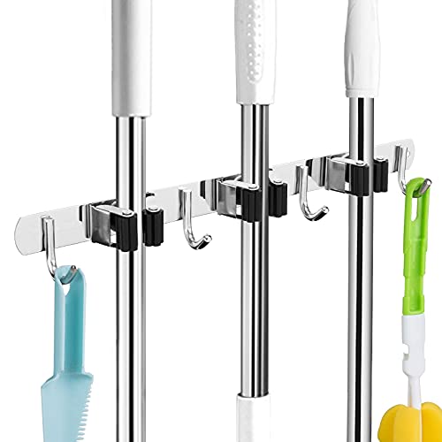 Broom and Mop Holder Wall Mounted Garage Organizer Storage Tool Racks Stainless Steel Heavy Duty Hooks Self Adhesive Solid Non-slip Rustproof Durable Wall Hangers for Home, Kitchen, Garden, Laundry room, Garage Organization and Storage (3 Racks & 4 H