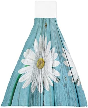 ERXPOOD Kitchen Hanging Hand Towels 1 Pack, Farmhouse White Flowers Soft Absorbent Tie Towel for Bathroom Daisy on Teal Wood Plank Tea Bar Dish Towel with Loop Home Cleaning Decor