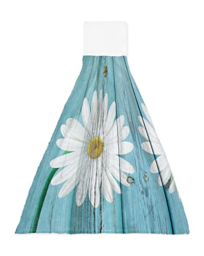 Erxpood Kitchen Hanging Hand Towels 1 Pack, Farmhouse White Flowers Soft Absorbent Tie Towel For Bathroom Daisy On Teal Wood Plank Tea Bar Dish Towel With Loop Home Cleaning Decor #TOP8