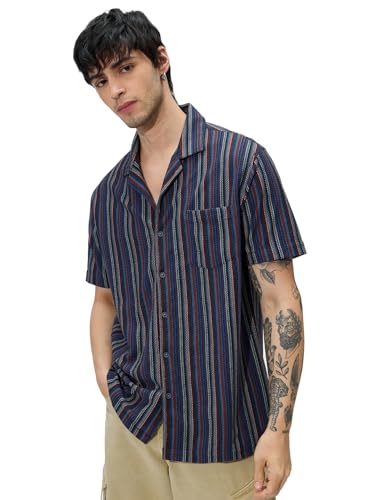 Image of The Souled Store Stripes: Men and Boys Long Sleeve Collared Neck Button Down Cotton Textured Shirts for Men