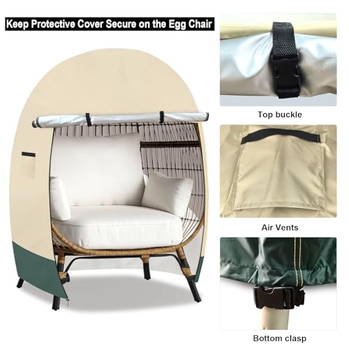 ZhenXingCheng Patio Hanging Egg Chair Cover Waterproof - 420D Heavy Duty Outdoor Single Seat Wicker Swing Egg Chair with Zipper, All-Season Protector Fits 45.3\" W Swing/Egg Chairs,Beige&Green
