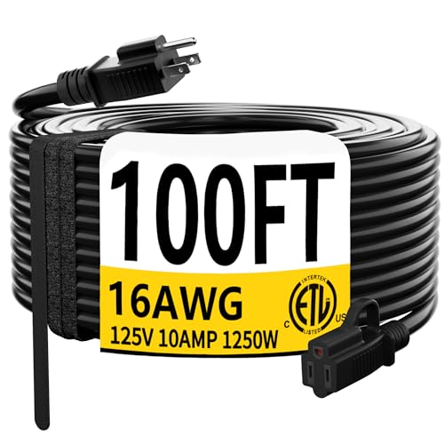 HUANCHAIN Black Outdoor Extension Cord 100 FT Waterproof Flexible 16/3 Gauge Power Cord Extension 3 Prong 10A 1250W SJTW ETL Listed