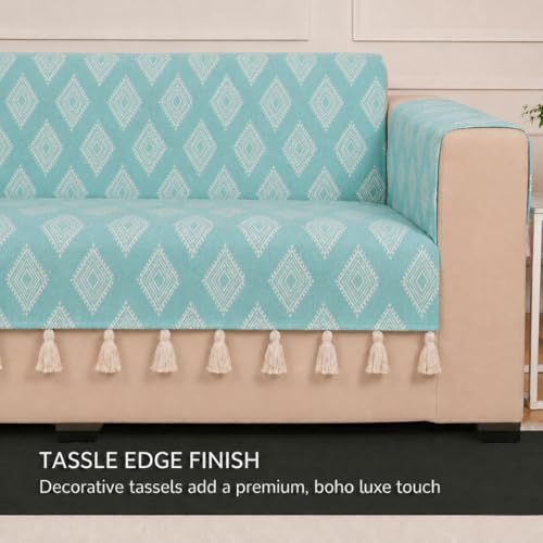 Image of STITCHNEST 'Verdant Rekhika Stories' 3 Seater Sofa Cover | Full Coverage with Armrest Pockets | Elegant Jacquard Fabric, Decorative Tassels, Washable & Durable for Modern Living