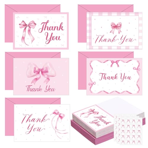 Cartes de remerciement avec nœud rose, enveloppes et autocollants Motiskyy x100