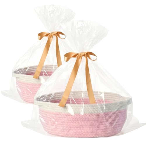Image of Small Woven Gift Basket Empty with Bag & Ribbon - Gifts for Mom, Baby Shower, Birthdays & Raffle - Cotton Rope Storage Basket for Dog Toys or Shelf - 12 inchx8 inchx5 inch, White & Pink, 2-Pack