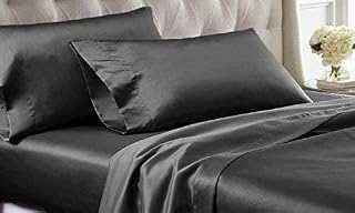 100% Pure Silk Satin Sheet 4pcs,Silk Fitted Sheet 15" Deep Pocket Mattress fit,Silk Flat Sheet&Silk Pillowcases Cool Soft Sheets|Wrinkle Free Fade Resistant (Dark Grey, King)
