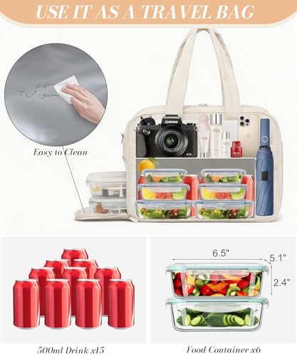 Image of PALAY Tote Bags for Women Office Use with Insulated Lunch Compartment Beige Nylon Waterproof Laptop Bag Large Puffy Quilted Travel Duffle Bag for Women
