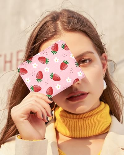 Image of Bistup Leather 12 Slot Accordion Card Holder Wallet, Strawberry | Accordion Storage, Zipper Around Closure, Compact Patterned Wallet for IDs, Cards, Cash, Daily Carry and Gifts