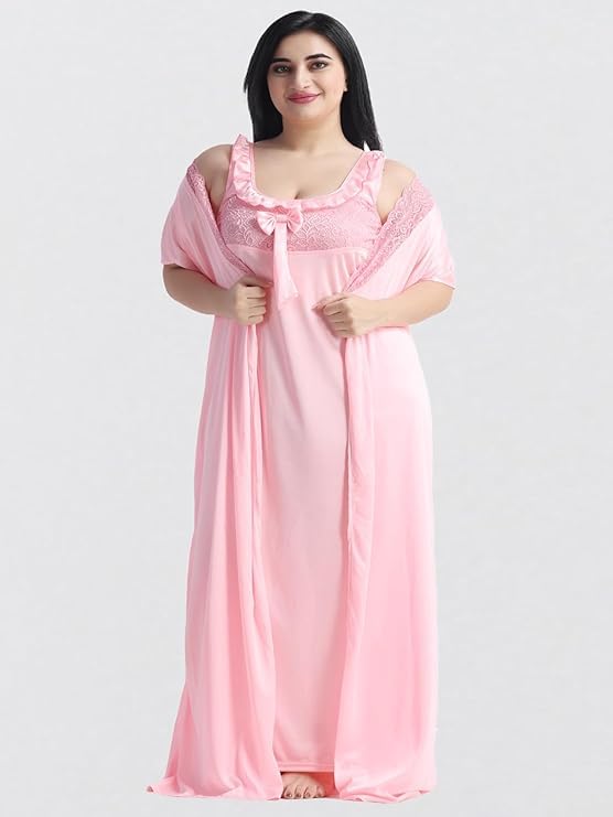 Image of Satin 6 Piece Nightwear Set, Coral Pink Lace Trim Sleepwear with Robe, Nighty, Top, Shorts, Lingerie Set for Women, Summer Collection-Mehndi Green.