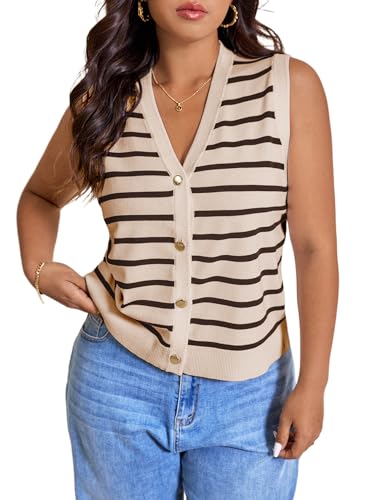 Image of Verdusa Women's Plus Size Old Money Vest Tops 2025 Striped Sleeveless Button Up Sweater Vests