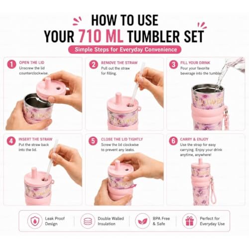 Image of STARFLYER Stylish Reusable Drinking Cup for Water, Juice & Cold Beverages | Portable Travel for Home, Office & Daily Use. (700ml-Pink Flower Tumbler)