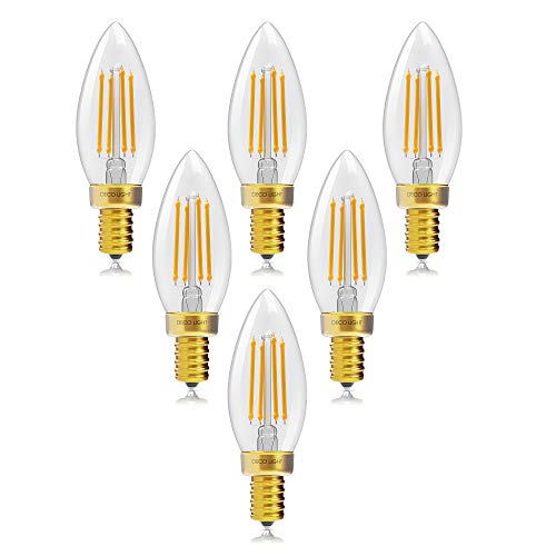 DECO LIGHT E12 LED Bulb - Candelabra 40 Watt Equivalent LED Filament Light Bulbs 6-Pack Designed in USA - 2700K Warm White Dimmable Bulbs - 450 Lumens 4W Consumption - No Flickering - Chandelier Bulb