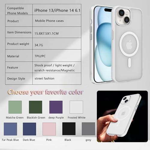 Image of Magnetic iPhone 14 /13 case,Compatible with Magsafe, Military-Grade Protection,Slim Translucent Matte Shockproof with Anti-Scratch Anti-Fingerprint Phone Cover (Frosted White, iPhone 14 /13)