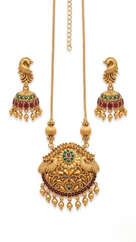 Image of Traditional Gold-Plated Lakshmi Temple Pendant Necklace Set for Women | Antique South Indian Jewelry with Jhumka Earrings | Ethnic Bridal, Wedding & Festive Jewelry Set