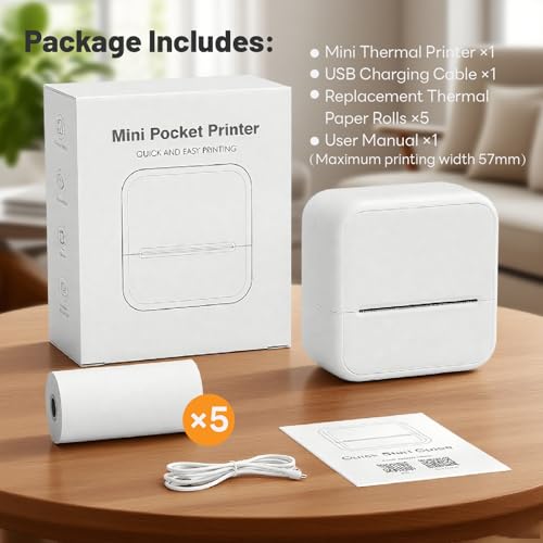 MidingChai Etikettendrucker, Mini Drucker für Smartphone und Tablets, etikettendrucker selbstklebend, Tragbarer Thermodrucker mit 5 Rollen Aufklebern, für Lernen, Etiketten, Fotos, to-do-Listen