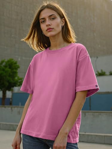 Image of Bewakoof Women's Solid Oversized Fit Half Sleeve Round Neck Cotton Jersey T-Shirt