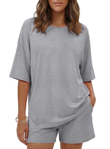 Image of Ekouaer Women's Two Piece Lounge Set Oversized Boxy T-shirt Casual Short Sets Summer Travel Matching Set 2026 Fashion