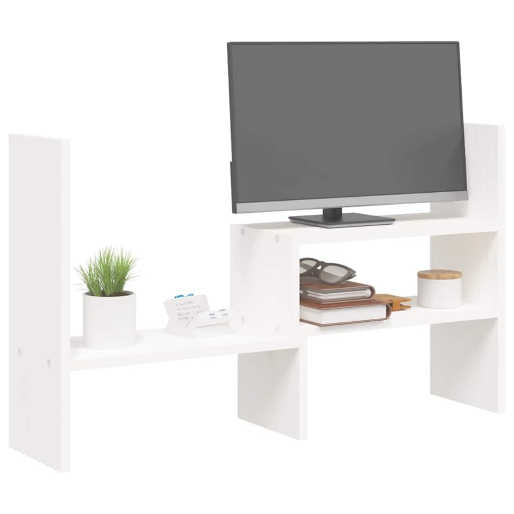 Supporto per monitor bianco in legno di pino massiccio, regolabile in altezza 39-72 x 17 x 43 cm, organizer da scrivania ergonomico per PC, laptop, tablet, ripiano salvaspazio per ufficio